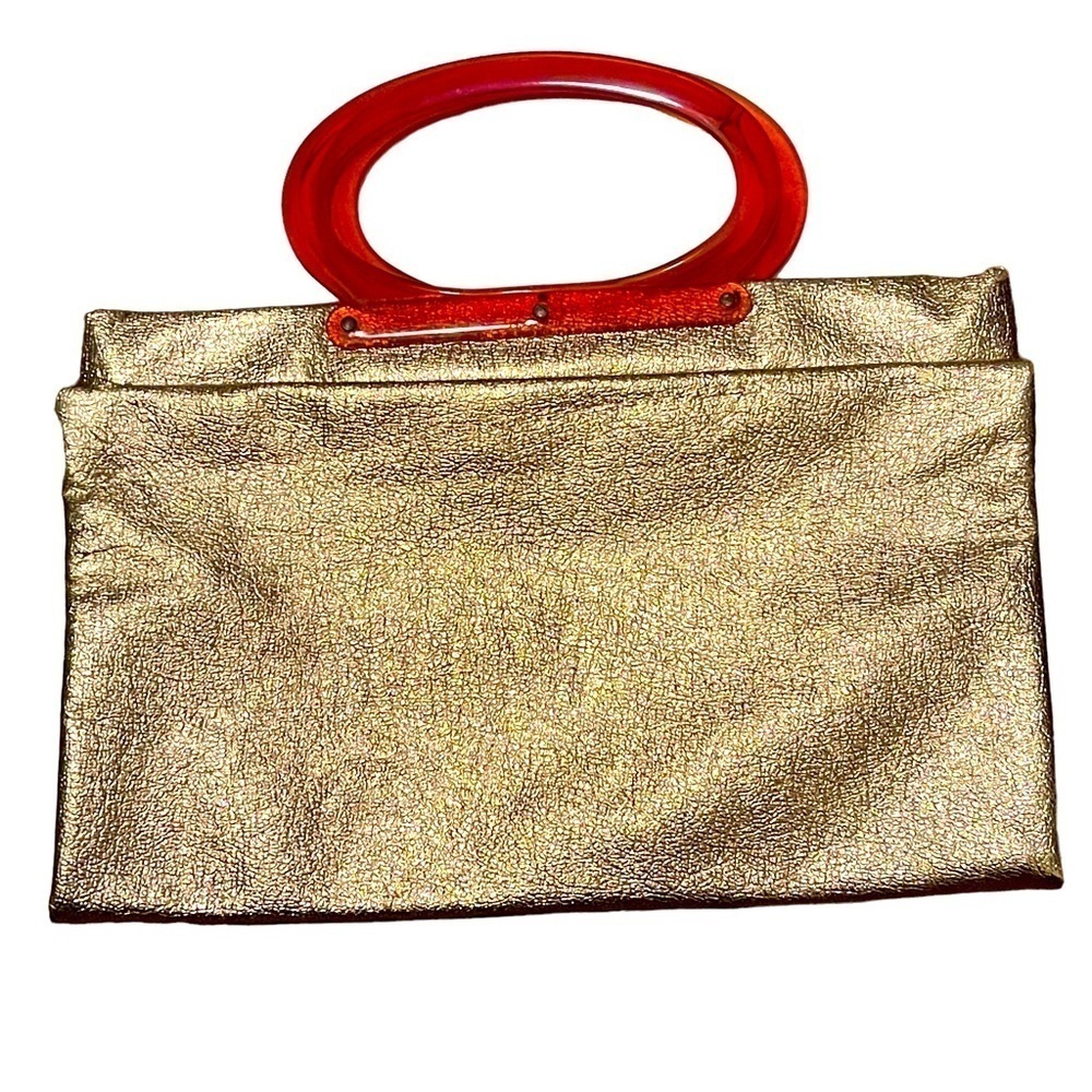 Vintage 60s Large Gold Metallic Tote Bag Clutch Purse With Orange Lucite Handles - Picture 3 of 10